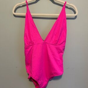 Neon pink, deep v one piece bathing suit